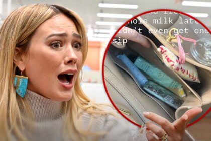 hilary duff shares crying selfie after spilling coffee inside balenciaga bag 68fc033bf11b8