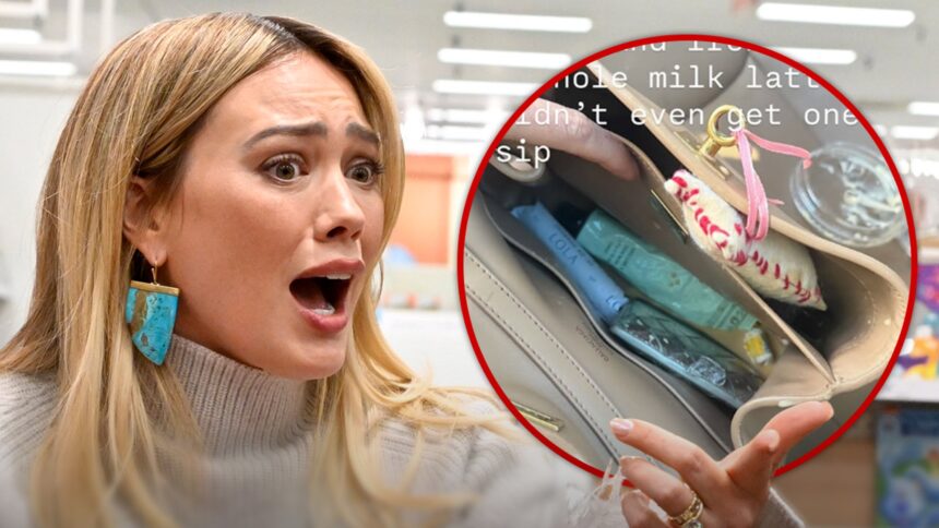 hilary duff shares crying selfie after spilling coffee inside balenciaga bag 68fc033bf11b8