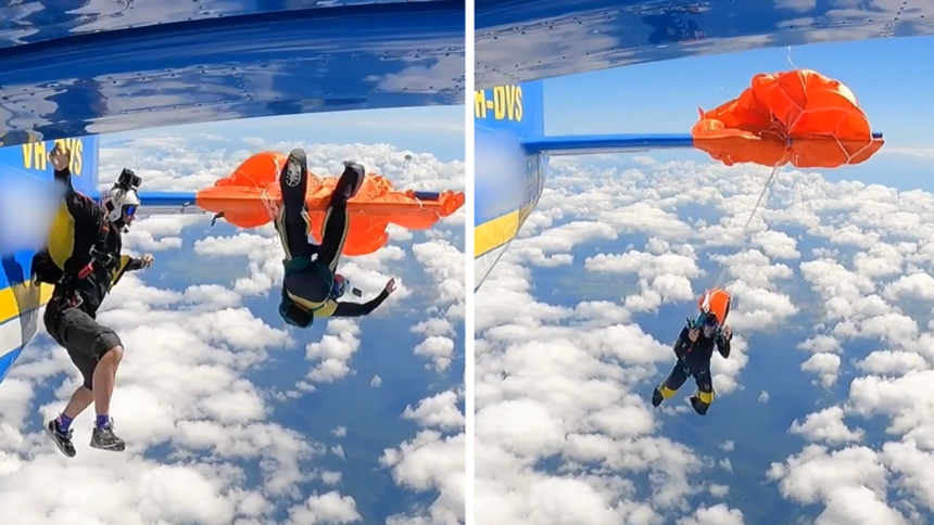 skydiver snags parachute on plane tail insane fluke caught on video 693adf741bd69